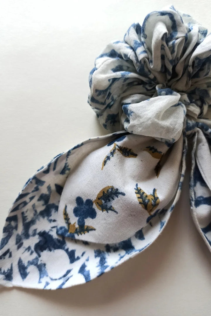 ilamra hand block printed naturally dyed organic cotton Off-white, indigo and hints of light green and dirty green upcycled cotton classy scrunchie