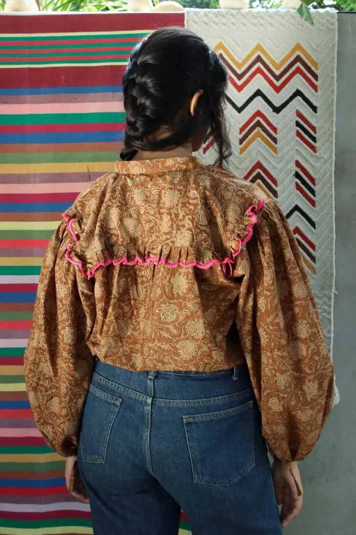 ilamra hand block printed naturally dyed organic cotton brown and beige shirt