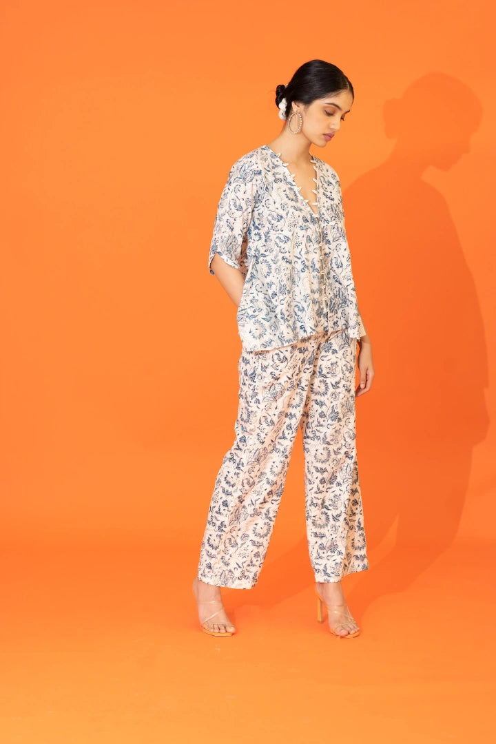 Ilamra hand block printed organic cotton naturally dyed Indigo and off-white plunging v-neck jacket and pants set