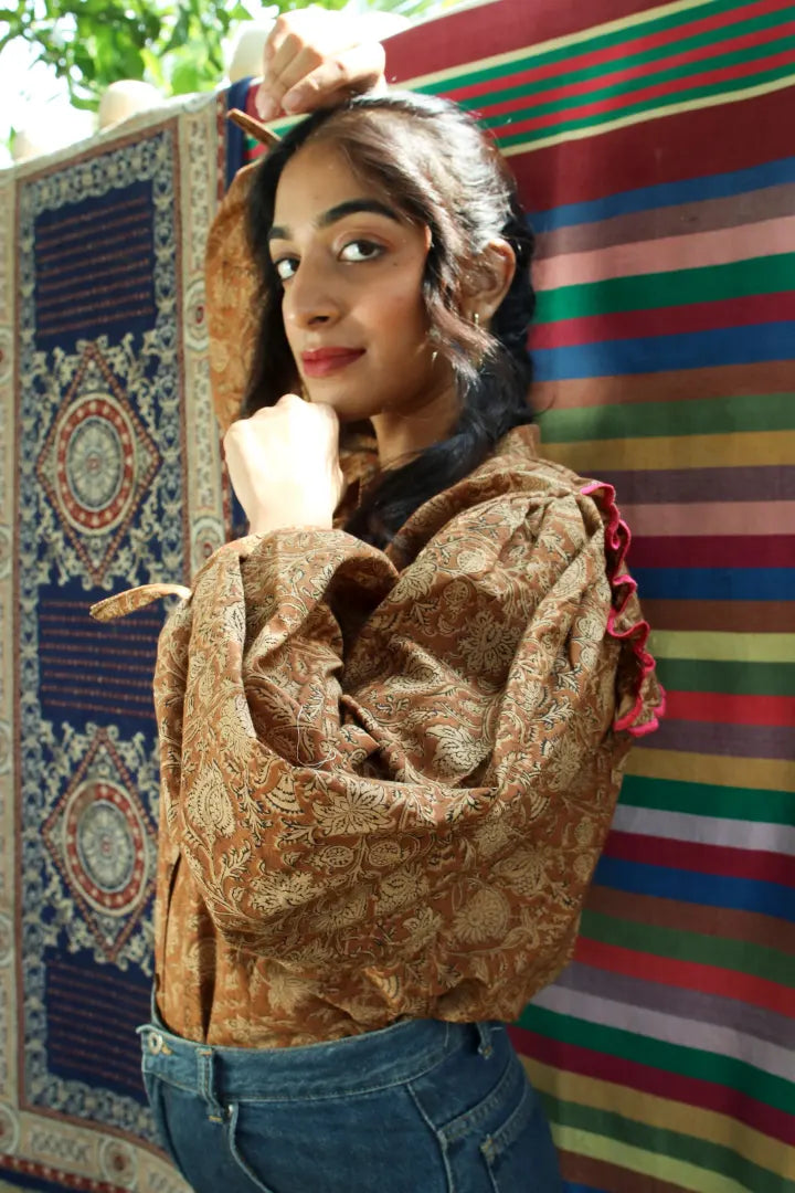 ilamra hand block printed naturally dyed organic cotton brown and beige shirt