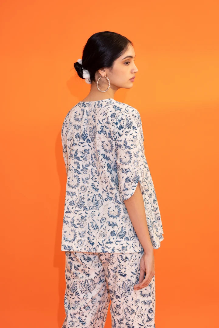 Ilamra hand block printed organic cotton naturally dyed Indigo and off-white plunging v-neck jacket and pants set