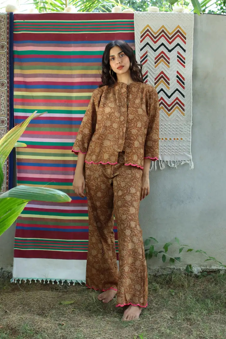 Ilamra hand block printed sustainably made naturally dyed brown and beige shirt and pants set