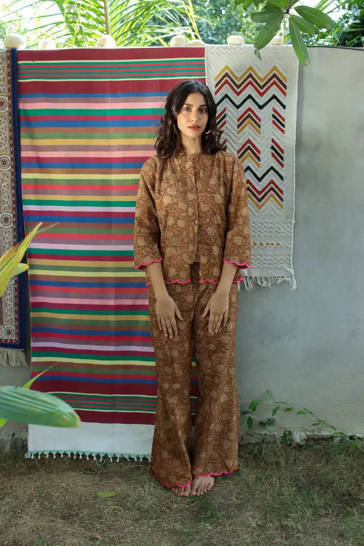 Ilamra hand block printed sustainably made naturally dyed brown and beige shirt and pants set