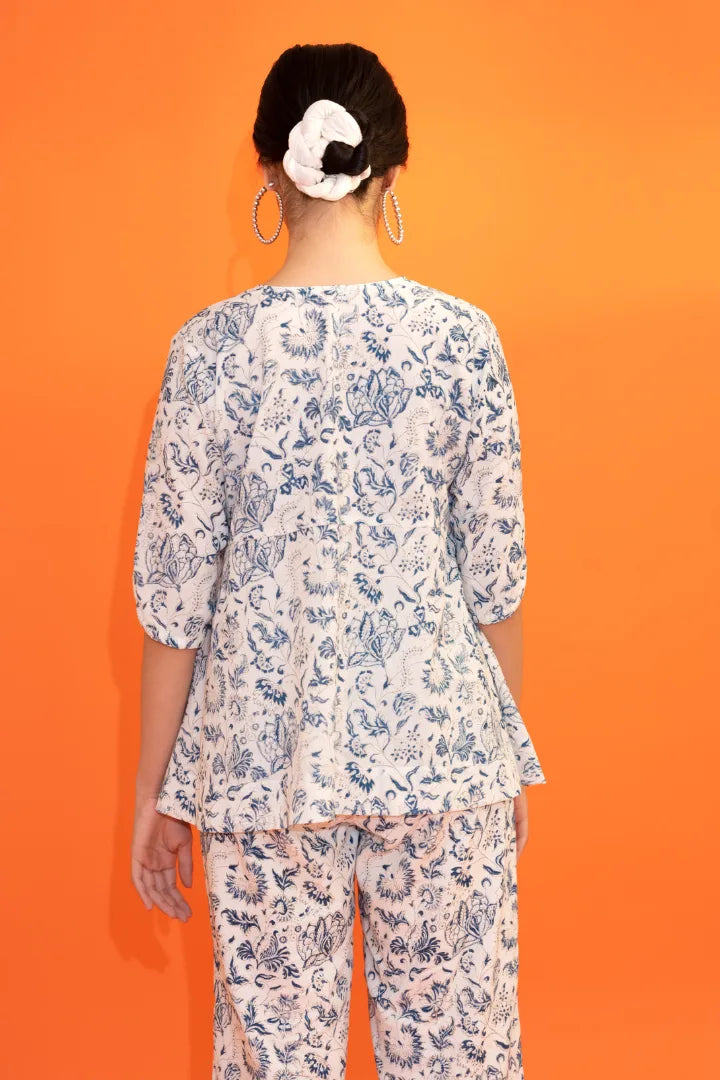 Ilamra hand block printed organic cotton naturally dyed Indigo and off-white plunging v-neck jacket