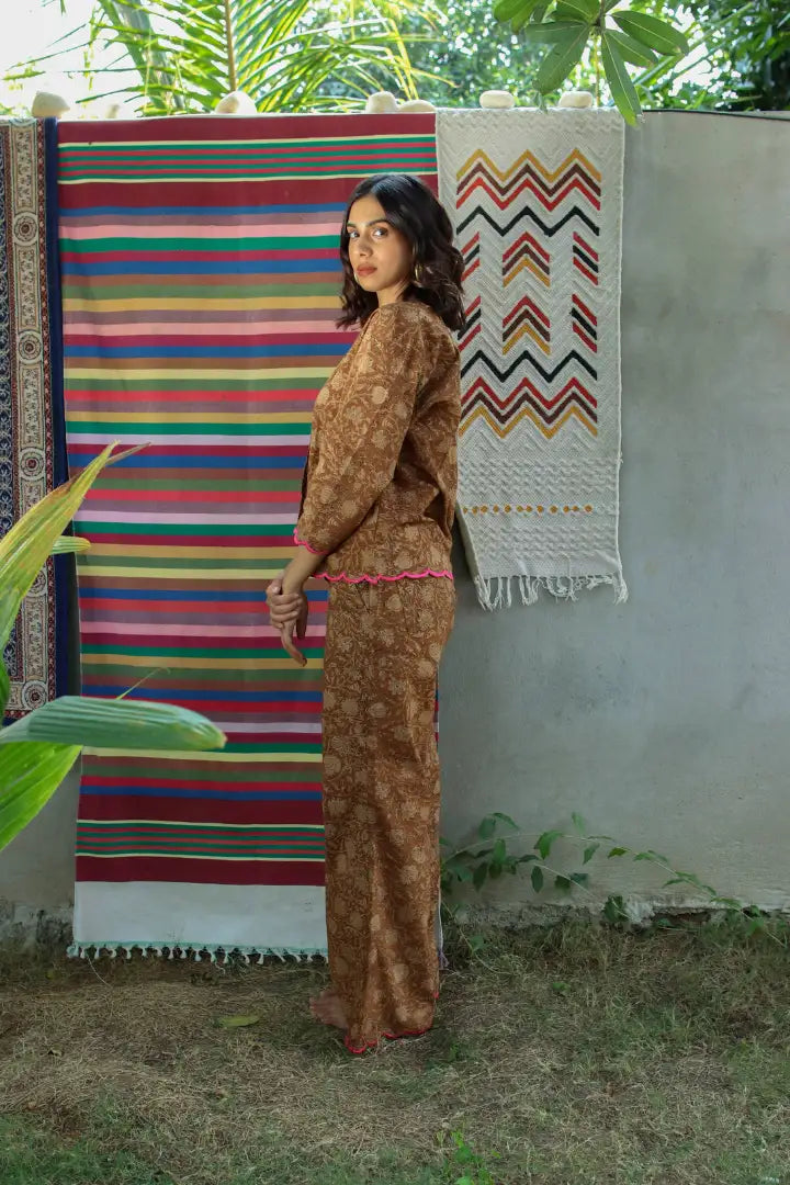 Ilamra hand block printed sustainably made naturally dyed brown and beige shirt and pants set