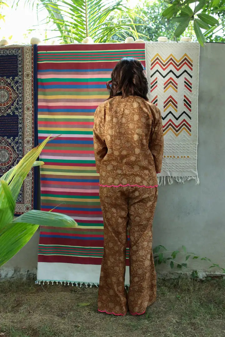 Ilamra hand block printed sustainably made naturally dyed brown and beige shirt and pants set
