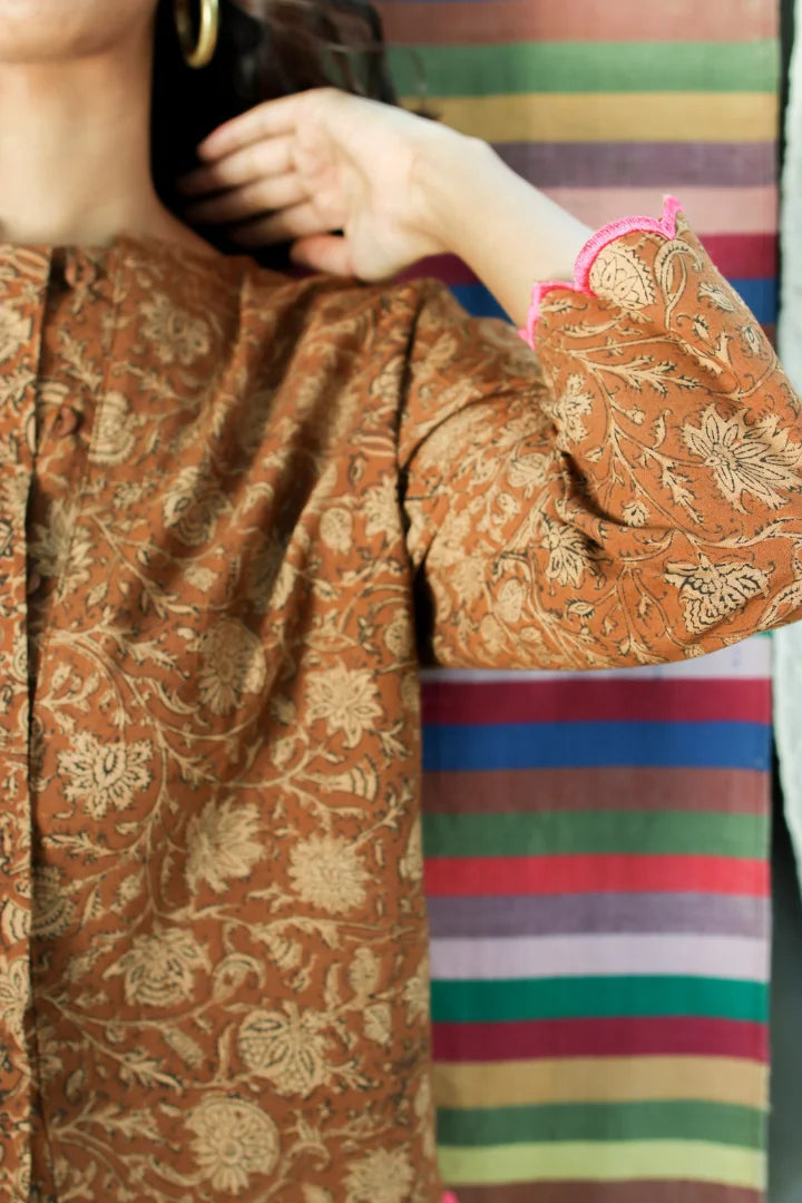 Ilamra hand block printed sustainably made naturally dyed brown and beige shirt and pants set
