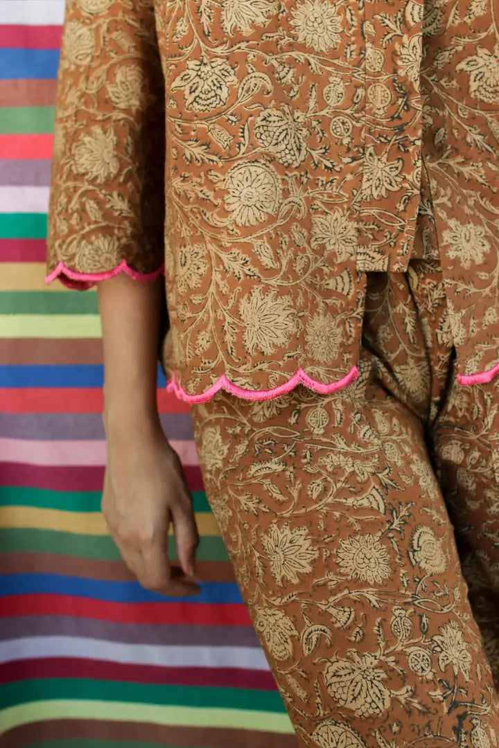 Ilamra hand block printed sustainably made naturally dyed brown and beige shirt and pants set