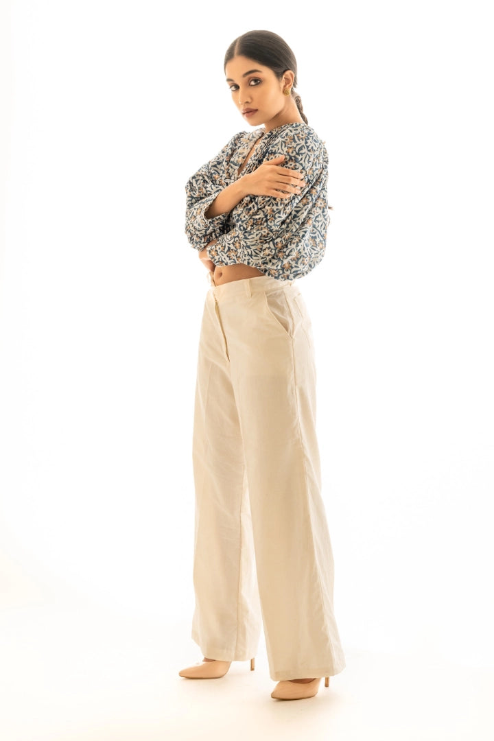 ilamra hand block printed naturally dyed organic cotton Off-white flared pants