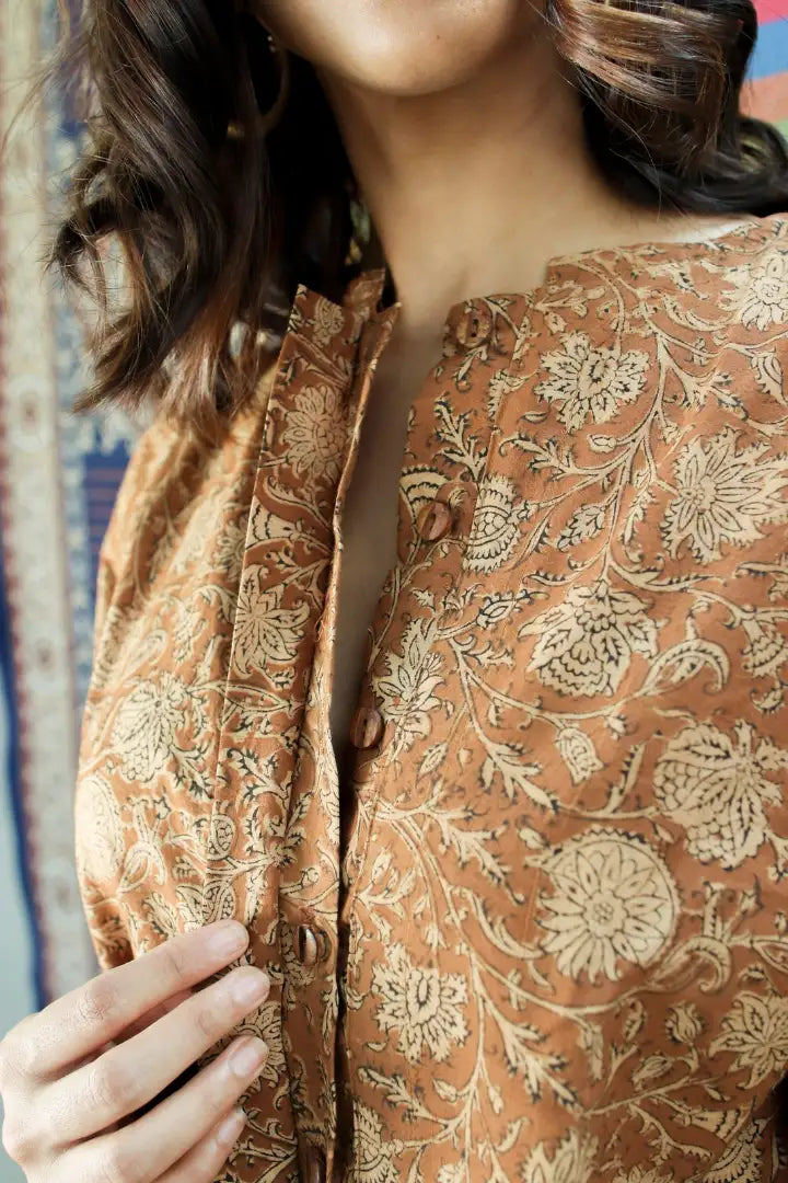 Ilamra hand block printed sustainably made naturally dyed brown and beige shirt and pants set