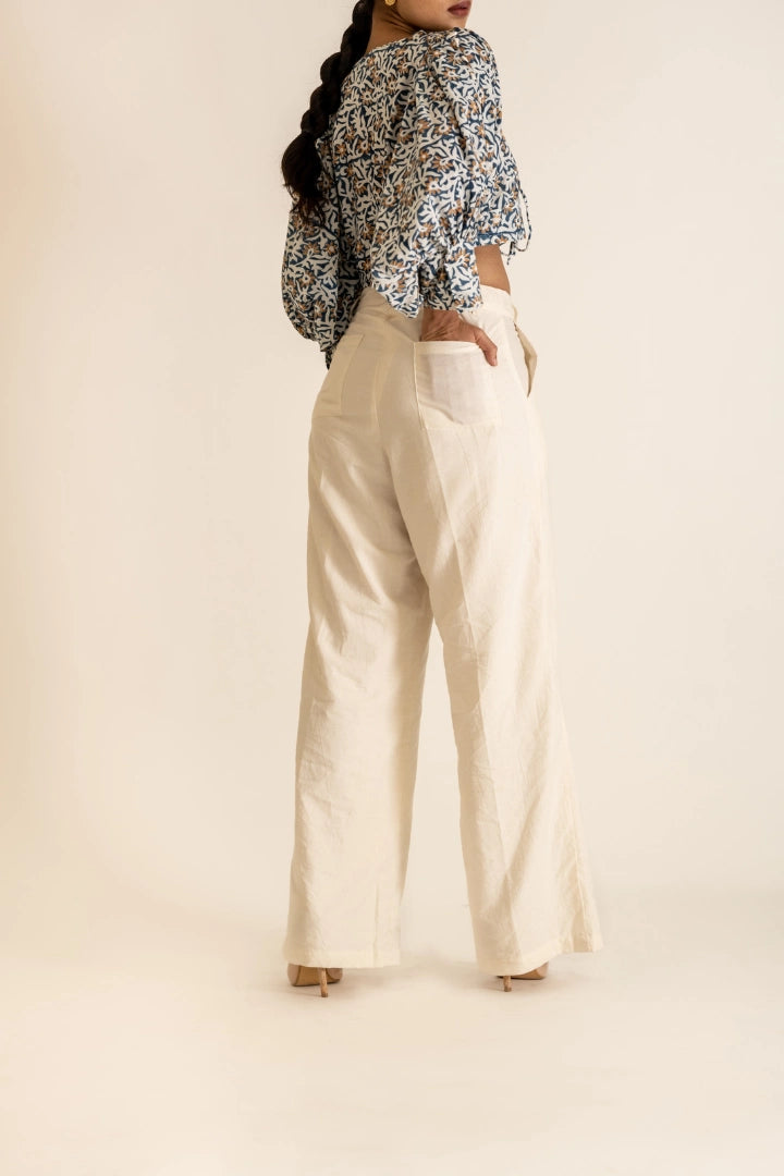 ilamra hand block printed naturally dyed organic cotton Off-white flared pants