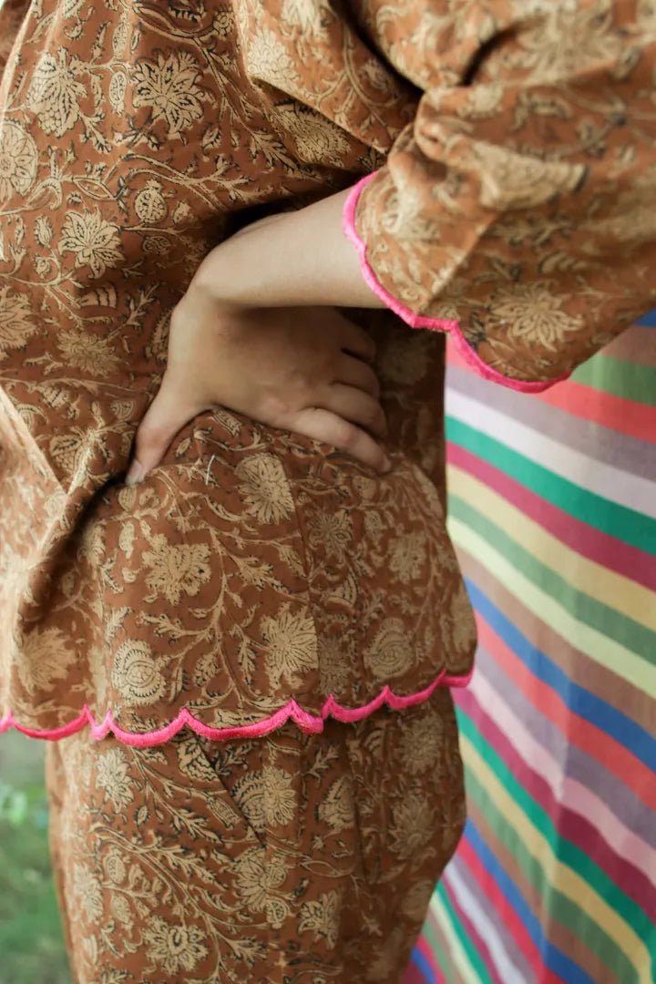 Ilamra hand block printed sustainably made naturally dyed brown and beige shirt and pants set