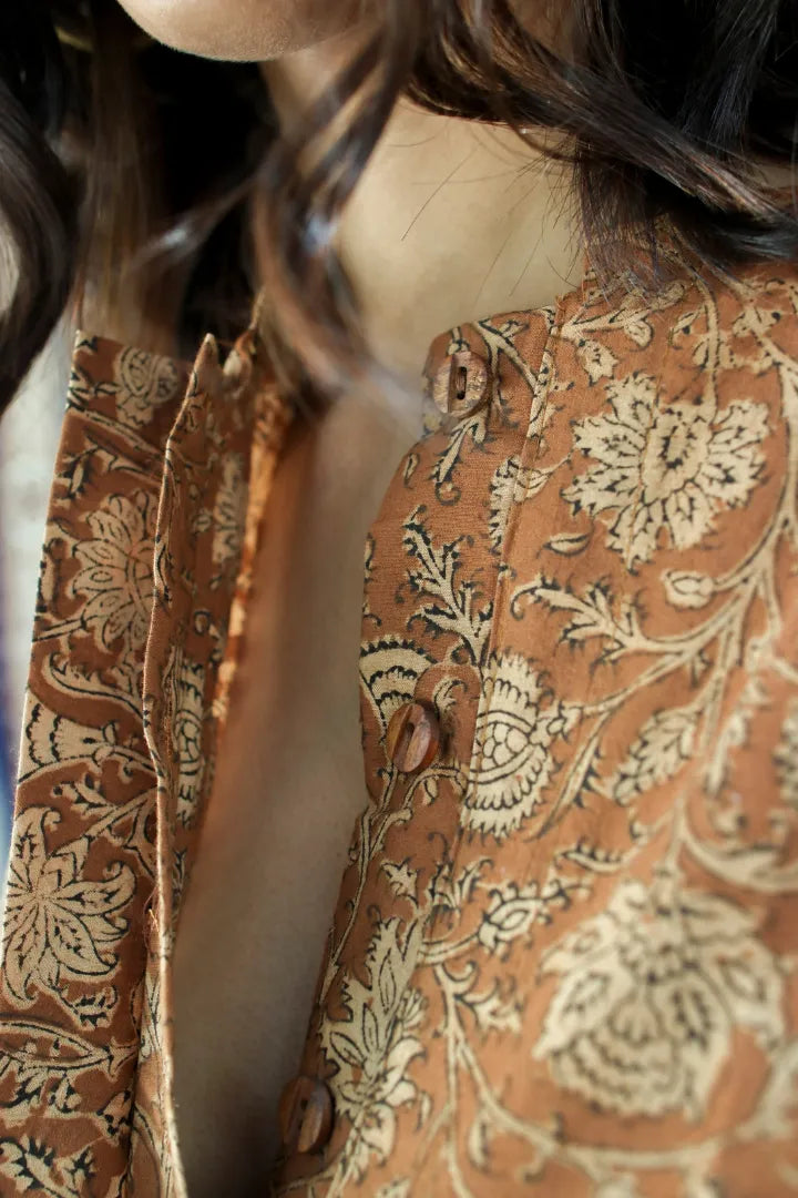 Ilamra hand block printed sustainably made naturally dyed brown and beige shirt and pants set