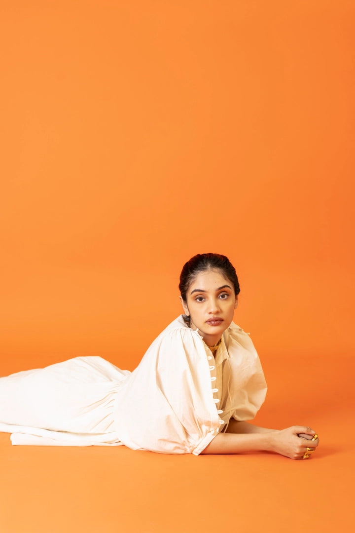 ilamra naturally dyed organic cotton pebble white free flowing beautiful dress