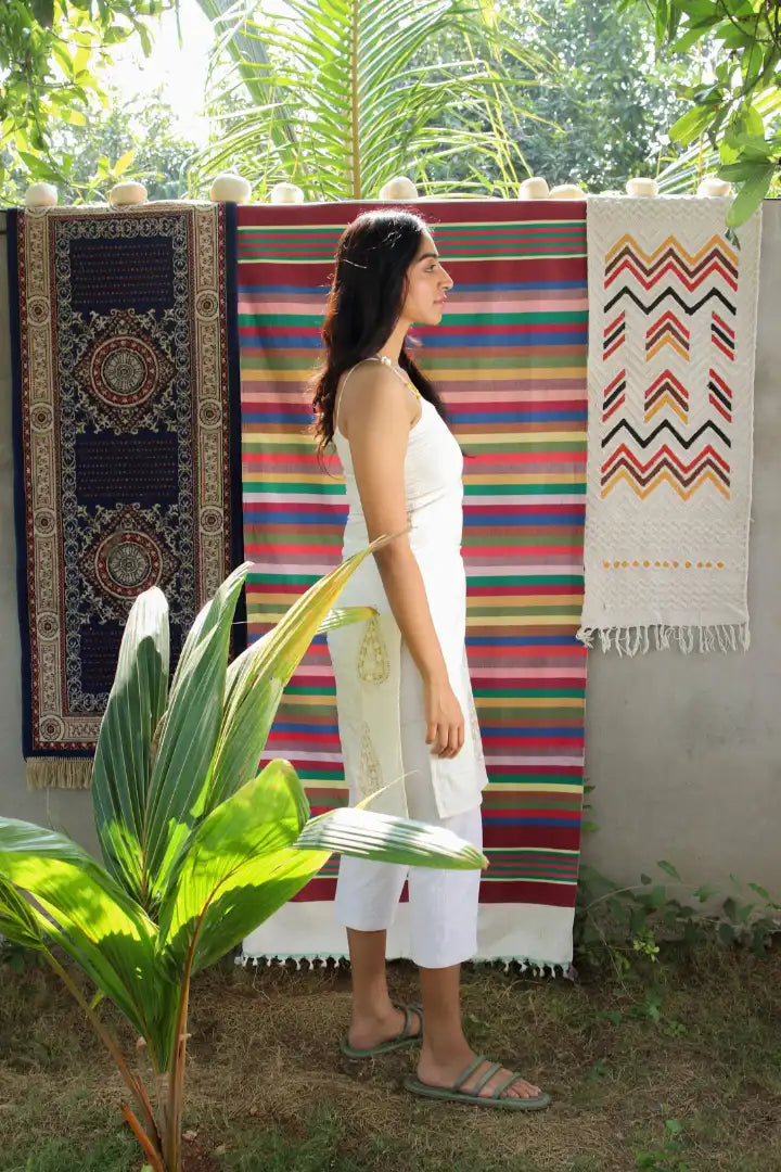 Ilamra hand block printed sustainably made naturally dyed off-white dress with yellow print