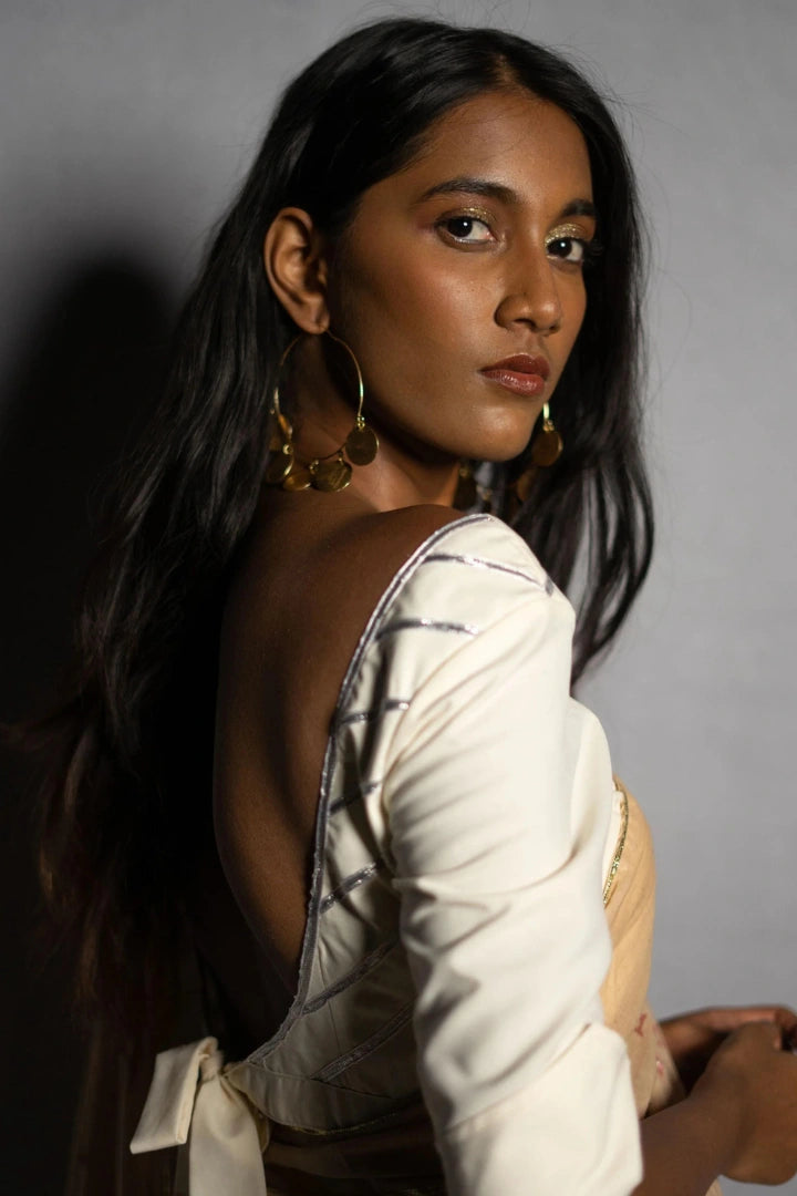 Ilamra kalamkari craft hand block printed organic cotton Beige base with indigo and red motifs saree