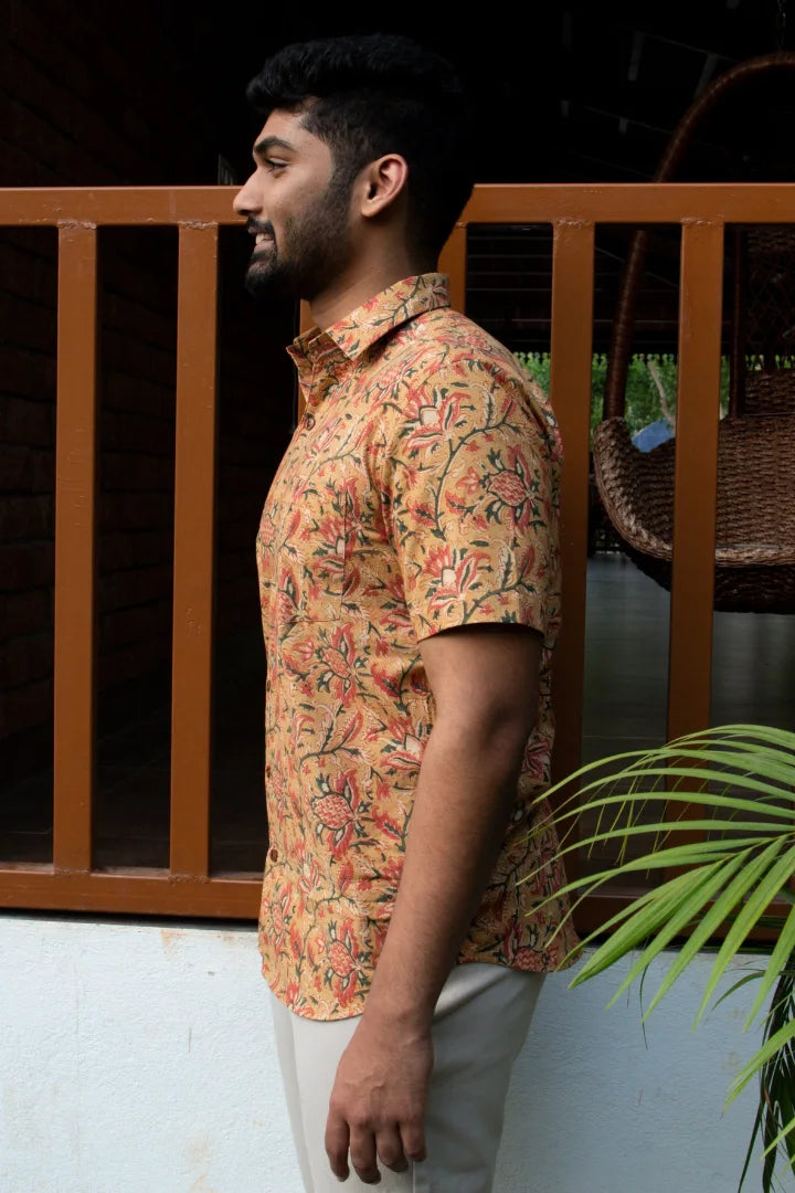 ilamra men's hand block printed naturally dyed organic cotton mustard, yellow, red and green shirt