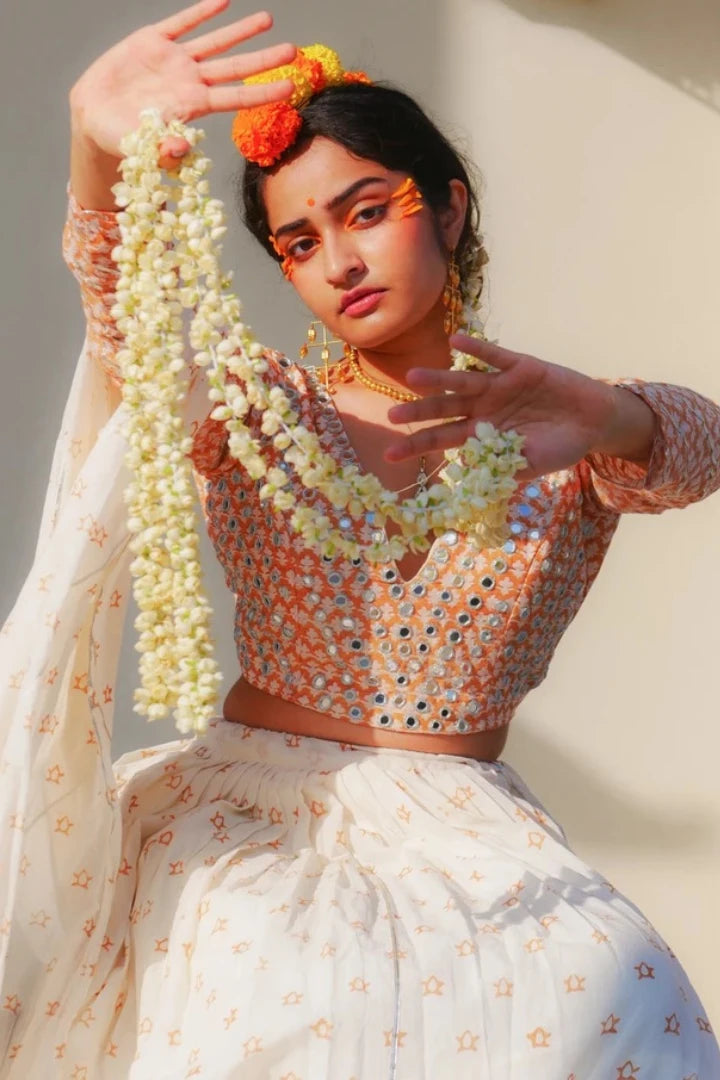 Ilamra sustainable clothing organic cotton off-white and orange hand block printed blouse, dupatta and lehenga set