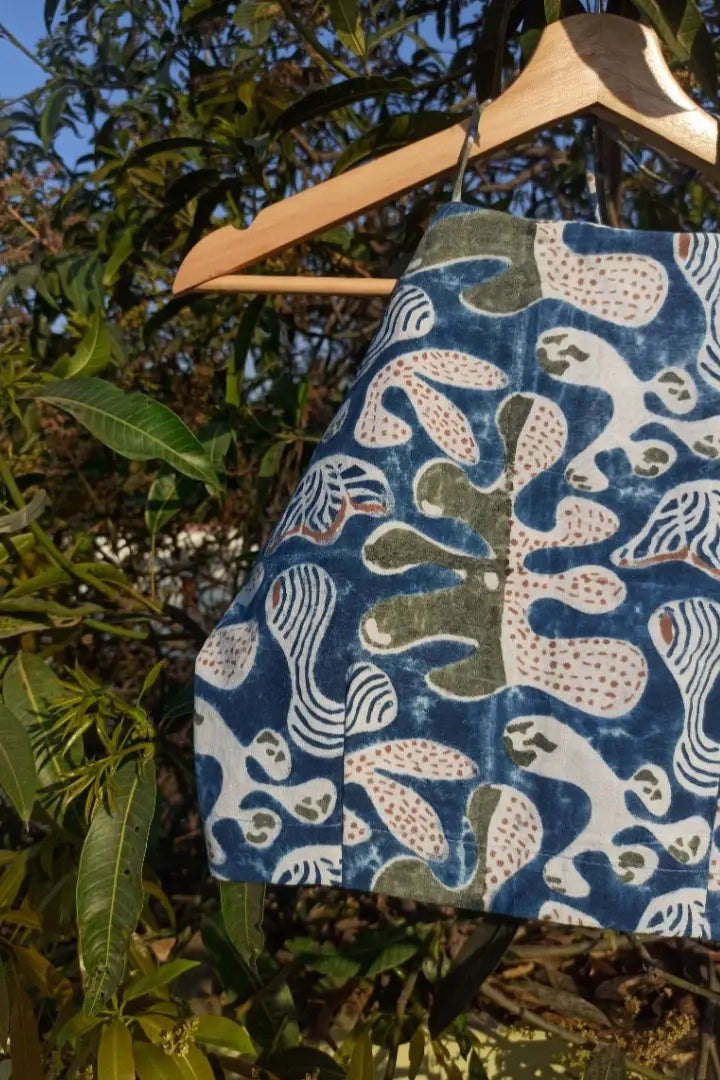 Ilamra sustainable clothing organic cotton Indigo, Off White, Brown and Dirty Green hand block printed halter top