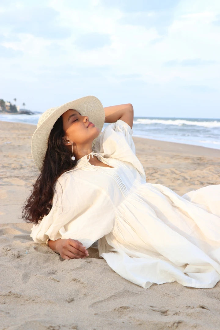 ilamra naturally dyed organic cotton pebble white free flowing beautiful dress