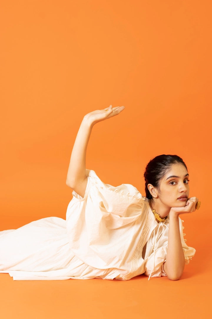 ilamra naturally dyed organic cotton pebble white free flowing beautiful dress