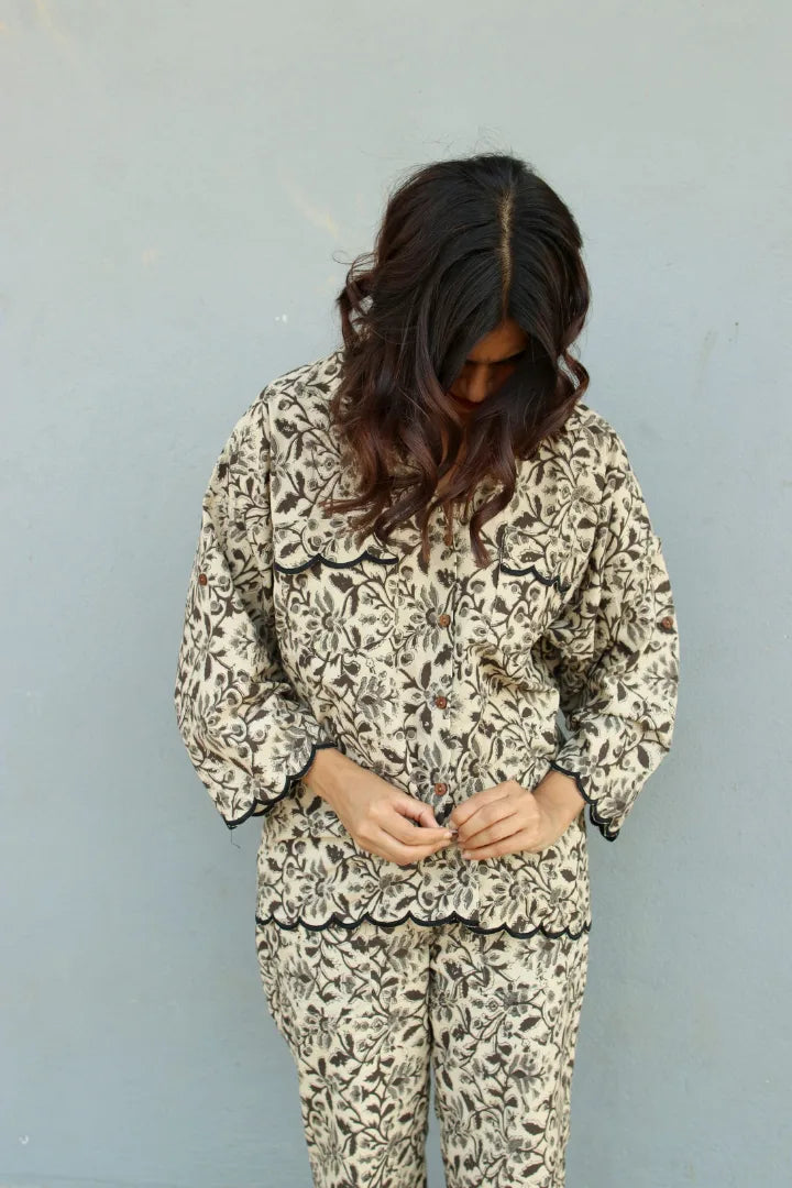 Ilamra hand block printed sustainably made naturally dyed beige, grey and black shirt and pants set