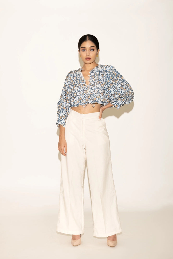 Ilamra hand block printed organic cotton naturally dyed Indigo, off-white and hints of orange cropped blouse