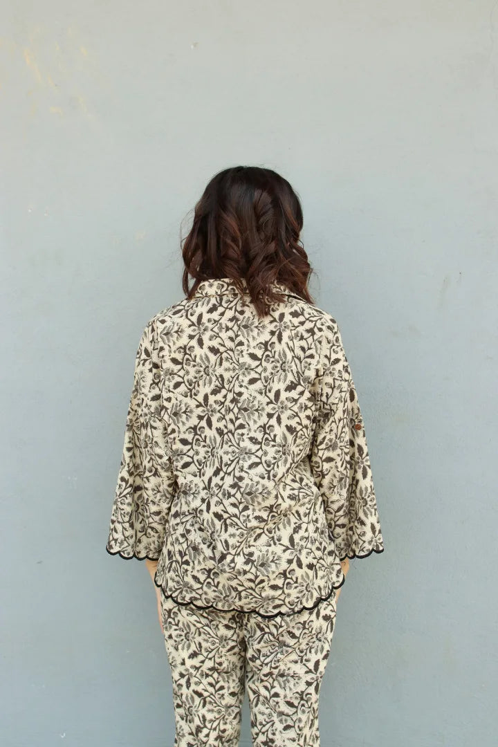 Ilamra hand block printed sustainably made naturally dyed beige, grey and black shirt and pants set