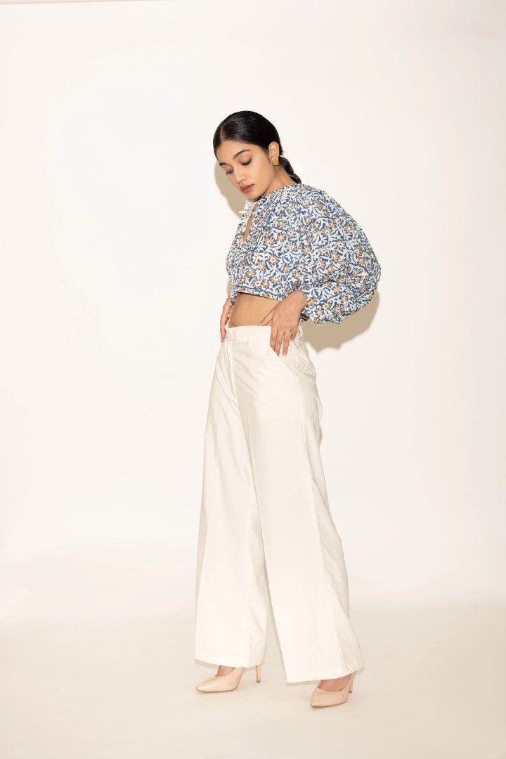 Ilamra hand block printed organic cotton naturally dyed Indigo, off-white and hints of orange cropped blouse