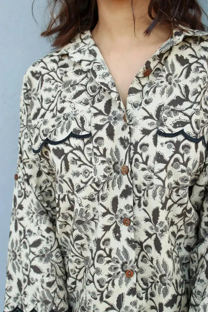 Ilamra hand block printed sustainably made naturally dyed beige, grey and black shirt and pants set