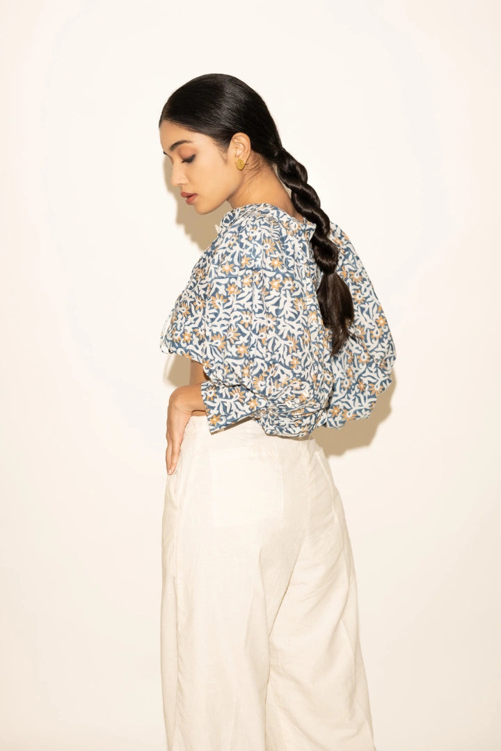 Ilamra hand block printed organic cotton naturally dyed Indigo, off-white and hints of orange cropped blouse