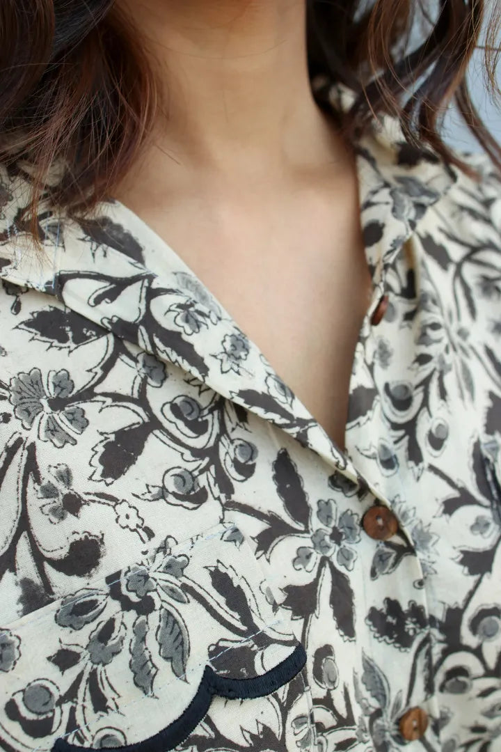 Ilamra hand block printed sustainably made naturally dyed beige, grey and black shirt and pants set