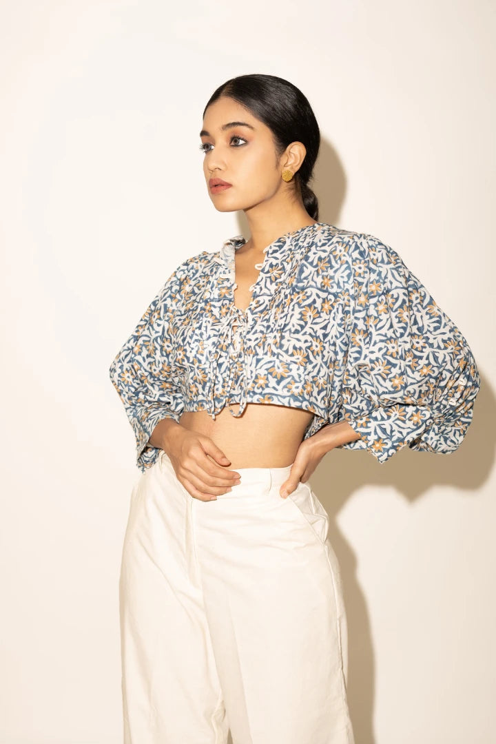 Ilamra hand block printed organic cotton naturally dyed Indigo, off-white and hints of orange cropped blouse