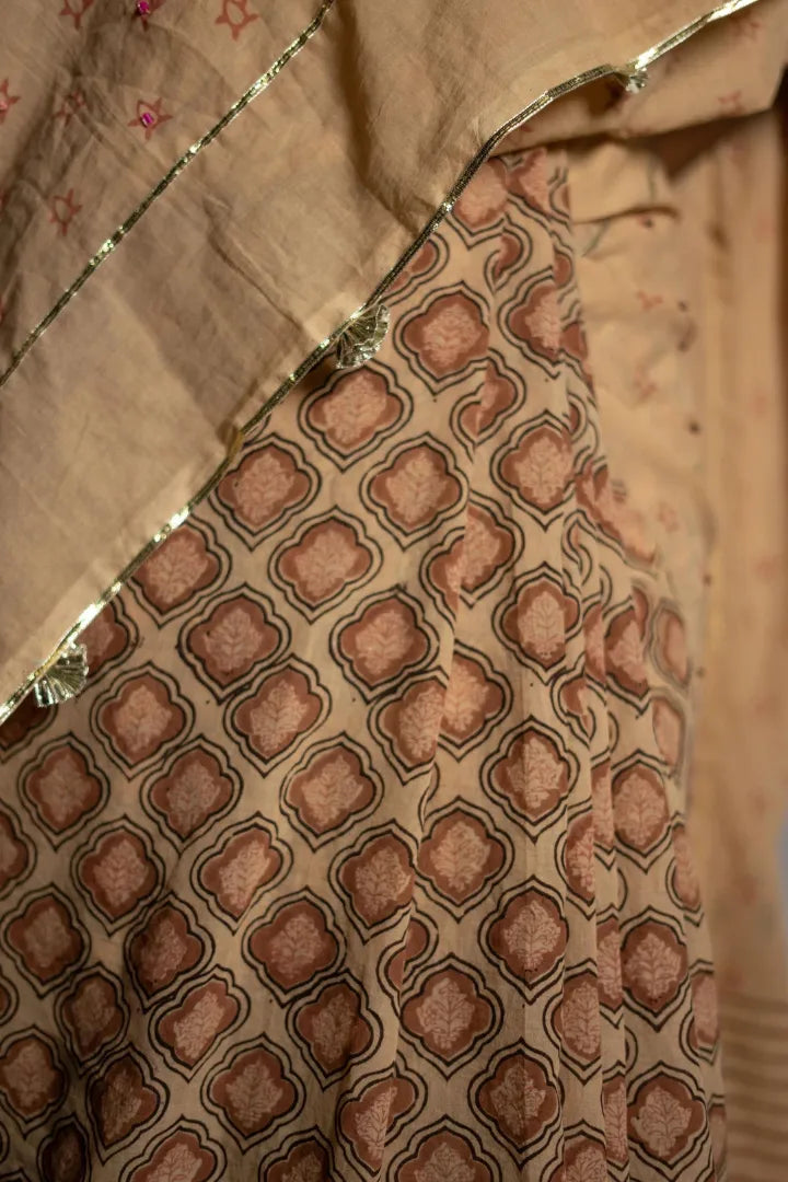 Ilamra kalamkari craft hand block printed organic cotton Beige base with indigo and red motifs saree