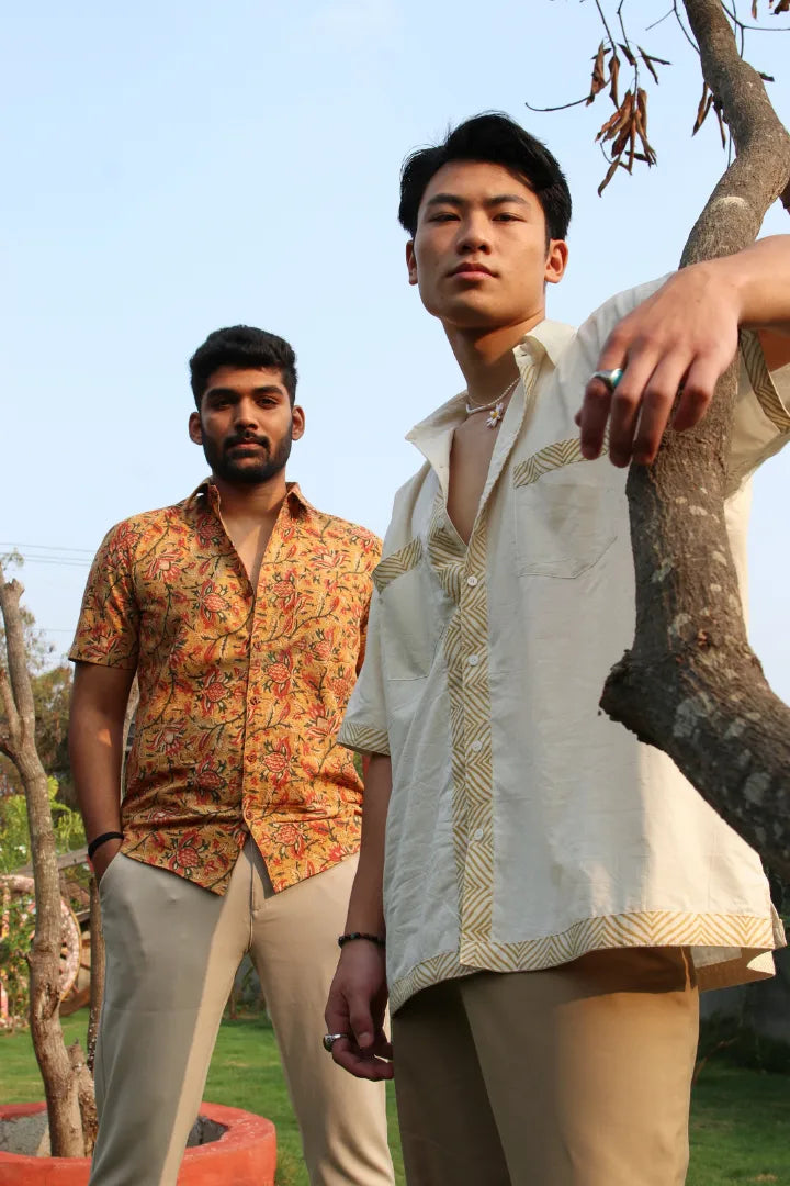 ilamra men's hand block printed naturally dyed organic cotton mustard, yellow, red and green shirt