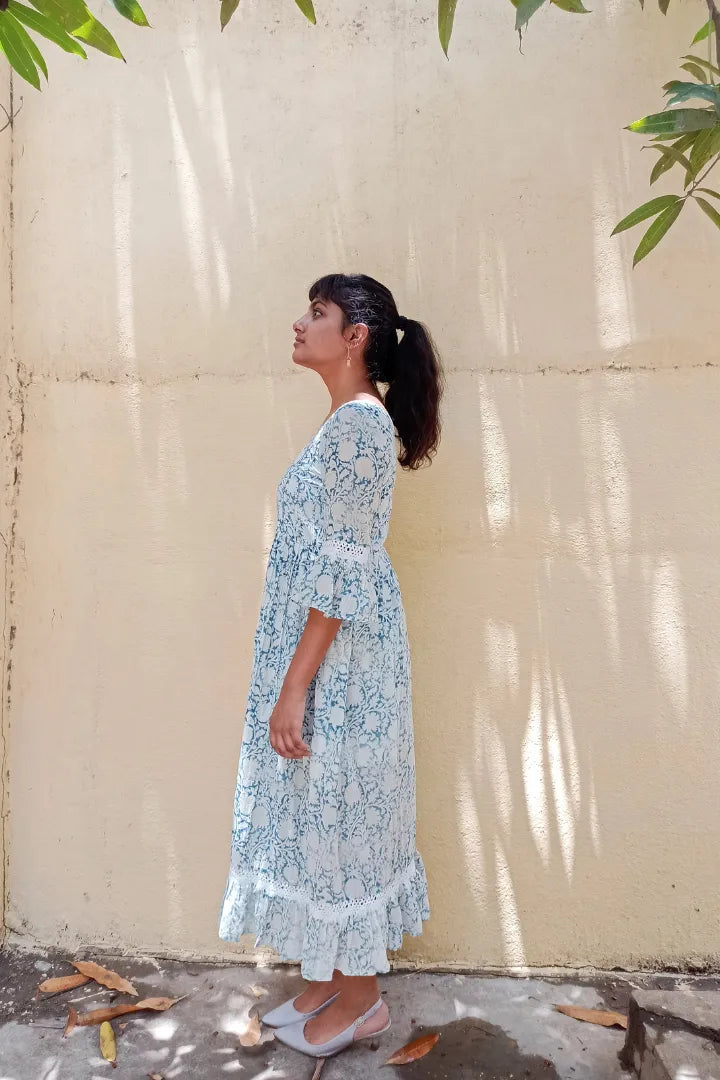 Ilamra sustainable clothing organic cotton Indigo and Off-white hand block printed elegant dress