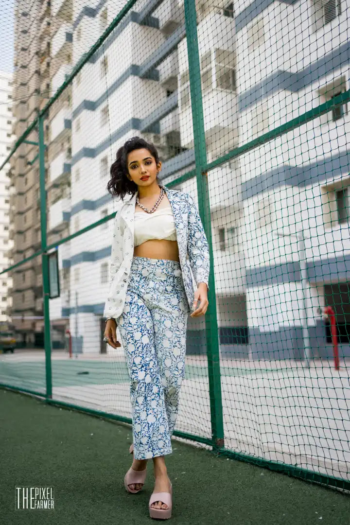 Ilamra hand block printed organic cotton naturally dyed indigo and off-white powerful classy pants