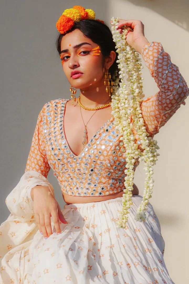 Ilamra sustainable clothing organic cotton off-white and orange hand block printed blouse, dupatta and lehenga set