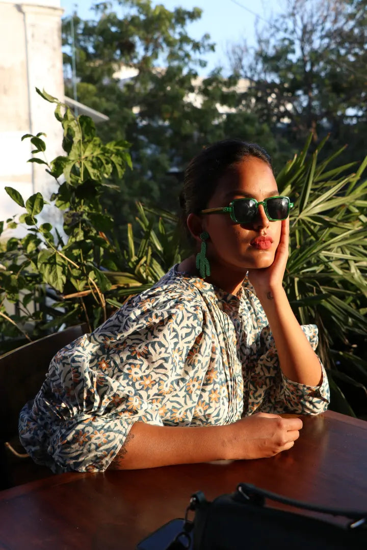 Ilamra hand block printed organic cotton naturally dyed Indigo, off-white and hints of orange cropped blouse