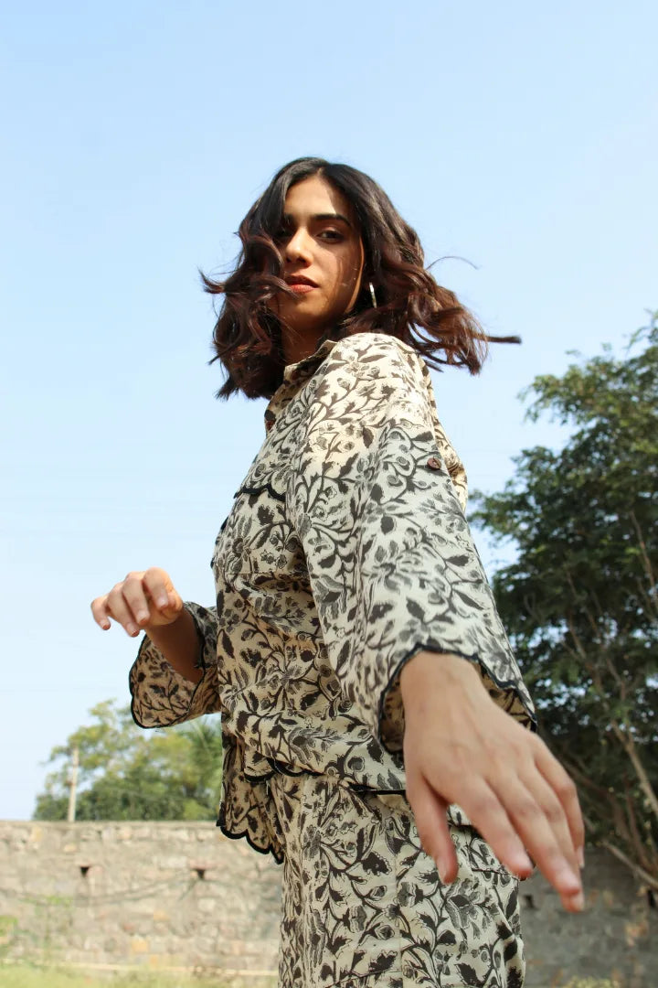 Ilamra hand block printed sustainably made naturally dyed beige, grey and black shirt and pants set