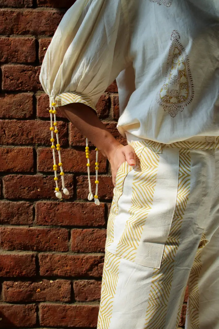 Ilamra hand block printed sustainably made naturally dyed off-white top with yellow print