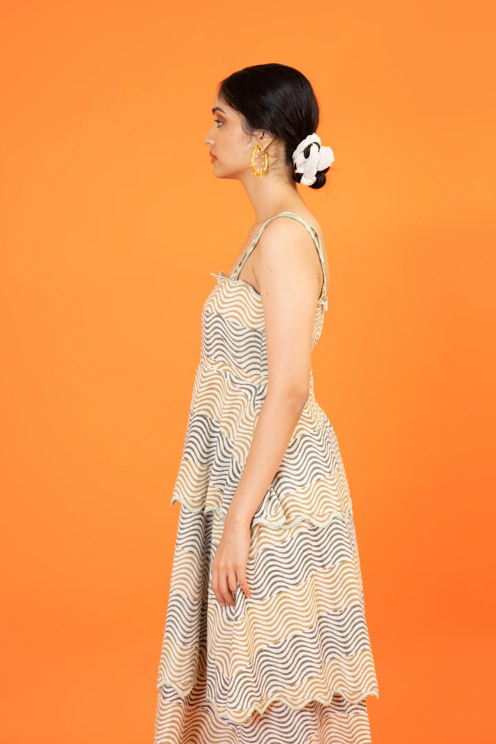 Ilamra kalamkari craft hand block printed organic cotton olive green and dirty green on pebble white stylish tiered dress