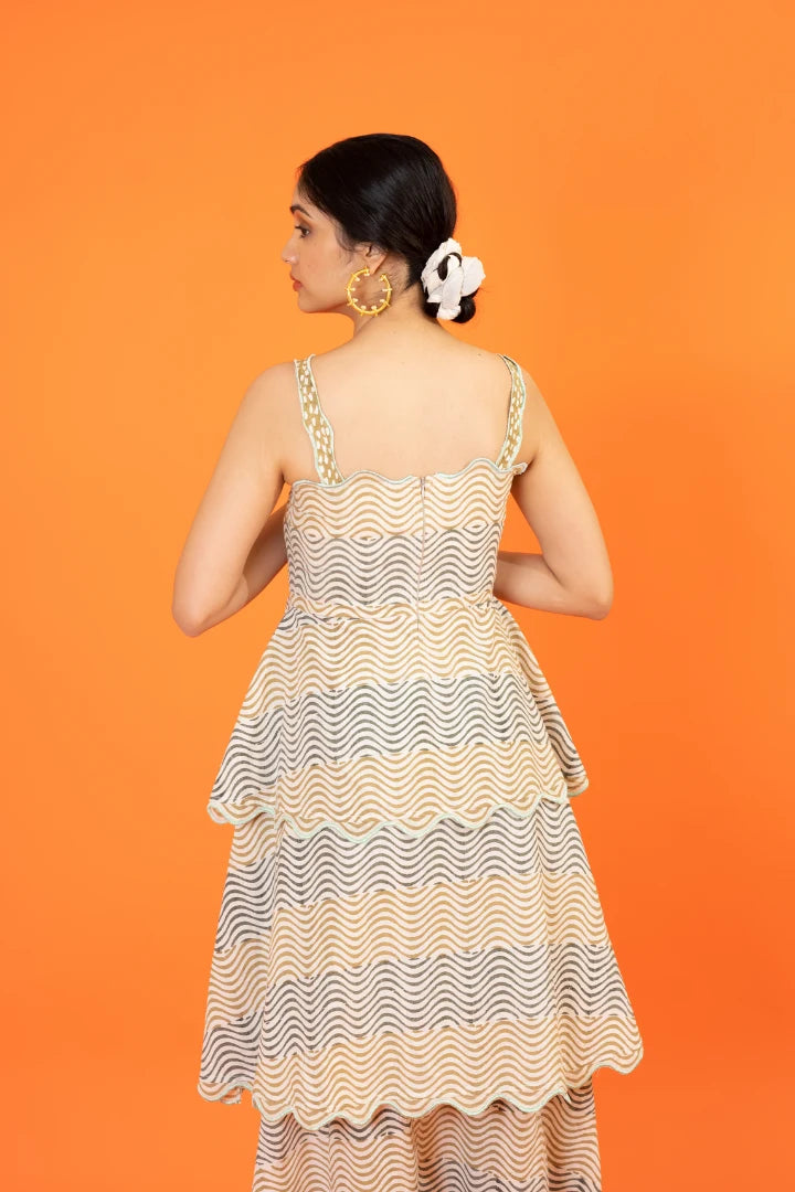 Ilamra kalamkari craft hand block printed organic cotton olive green and dirty green on pebble white stylish tiered dress