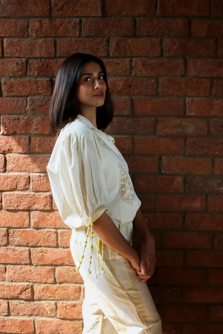Ilamra hand block printed sustainably made naturally dyed off-white top with yellow print