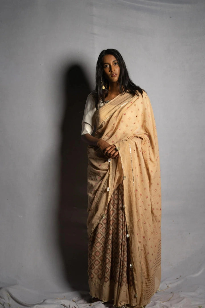 Ilamra kalamkari craft hand block printed organic cotton Beige base with indigo and red motifs saree