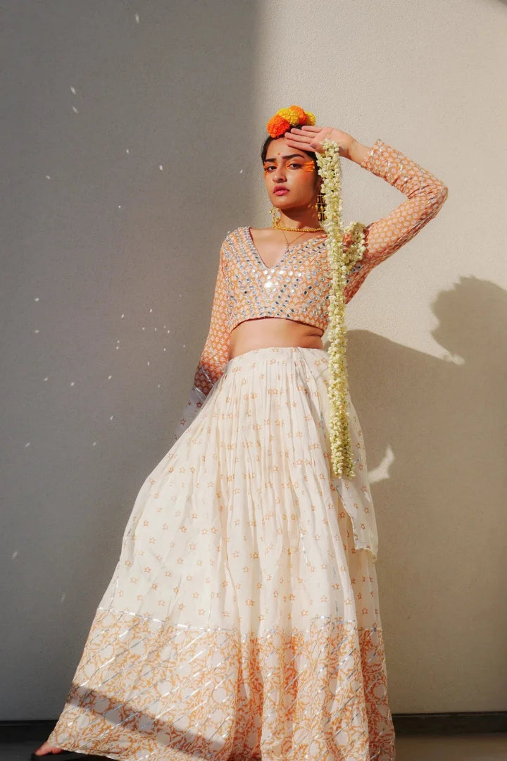 Ilamra sustainable clothing organic cotton off-white and orange hand block printed blouse, dupatta and lehenga set