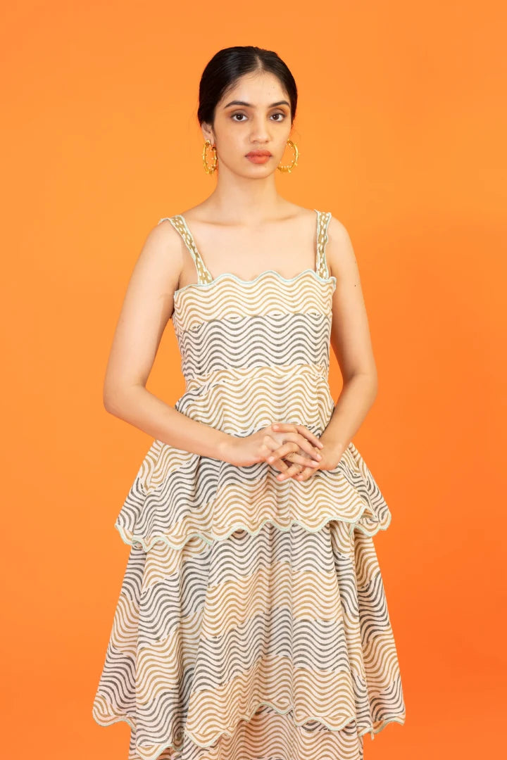 Ilamra kalamkari craft hand block printed organic cotton olive green and dirty green on pebble white stylish tiered dress