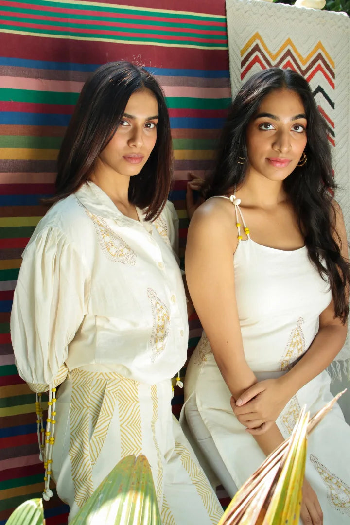 Ilamra hand block printed sustainably made naturally dyed off-white top with yellow print