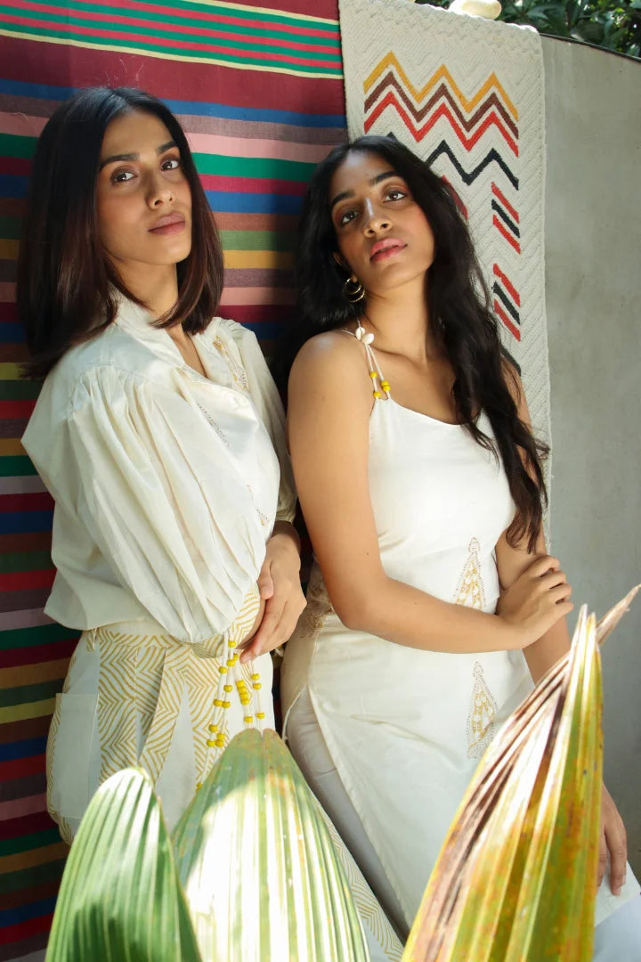 Ilamra hand block printed sustainably made naturally dyed off-white top with yellow print