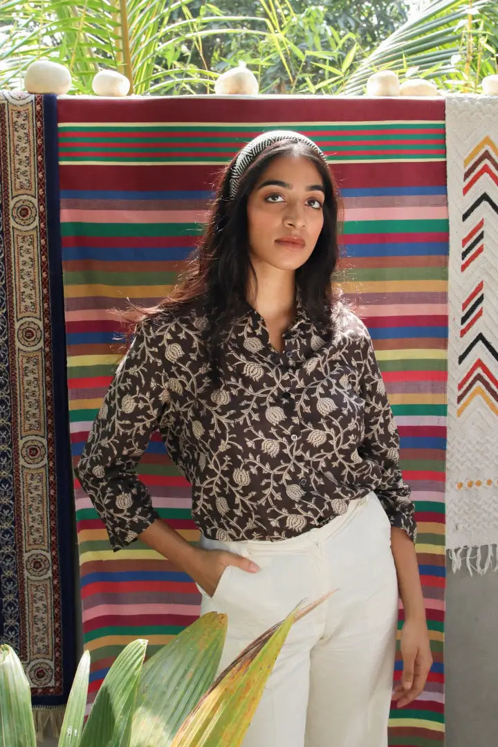 Ilamra kalamkari craft hand block printed organic cotton black shirt with beige print